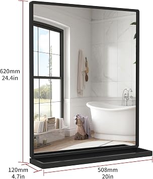 ANYHI Bathroom Mirrors for Wall, Metal Wall Mirror with Shelf, Perfect for Living Room, Bedroom, Entryway, Rectangular, Vertical (Black)