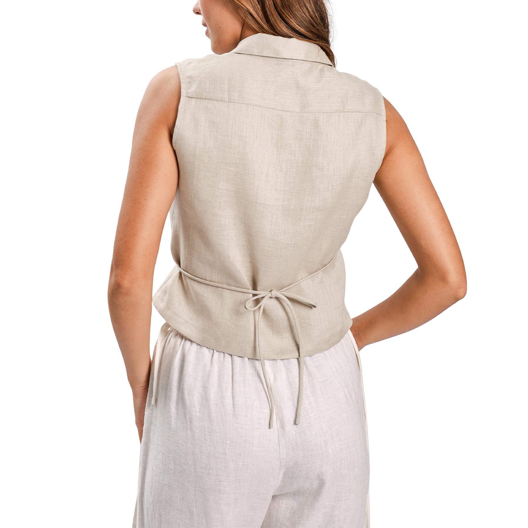 Amazhiyu Damen 100 % Leinen, V-Ausschnitt, ärmellos, bauchfreies Wickel-Top, Flachs, X-Groß