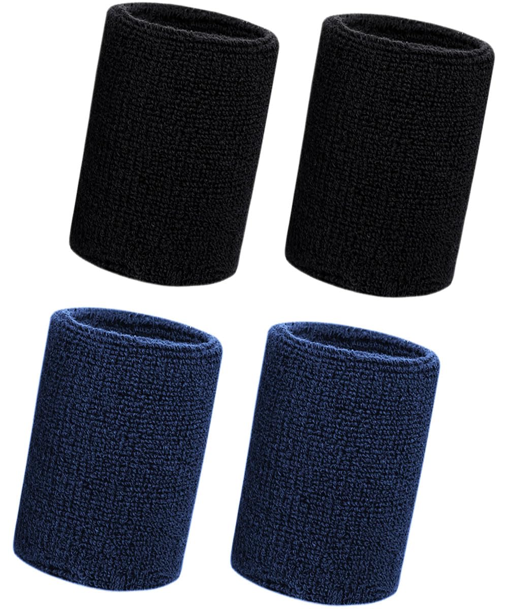 4 Pcs Wristbands Sports Sweatbands For Men Women Thicken Elastic Wrist Sweat Bands Protective for Tennis, Basketball, Running, Gym (Size: 3.15 x 3.94 inches) (2 Black + 2 Navy Blue)