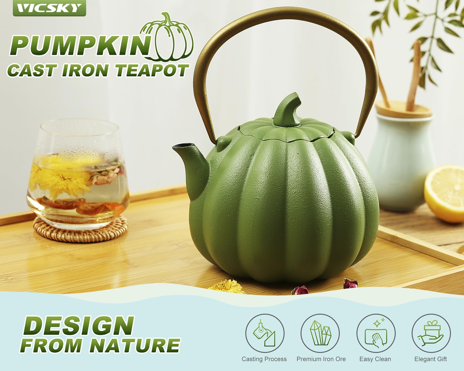 VICSKY Pumpkin Cast Iron Teapot (40 oz/1200 ml), Cute Natural Pumpkin Shape, Cast Iron Tea Kettle with Enamel Coated for Loose Tea Leaf, Stovetop Safe(Light Green)