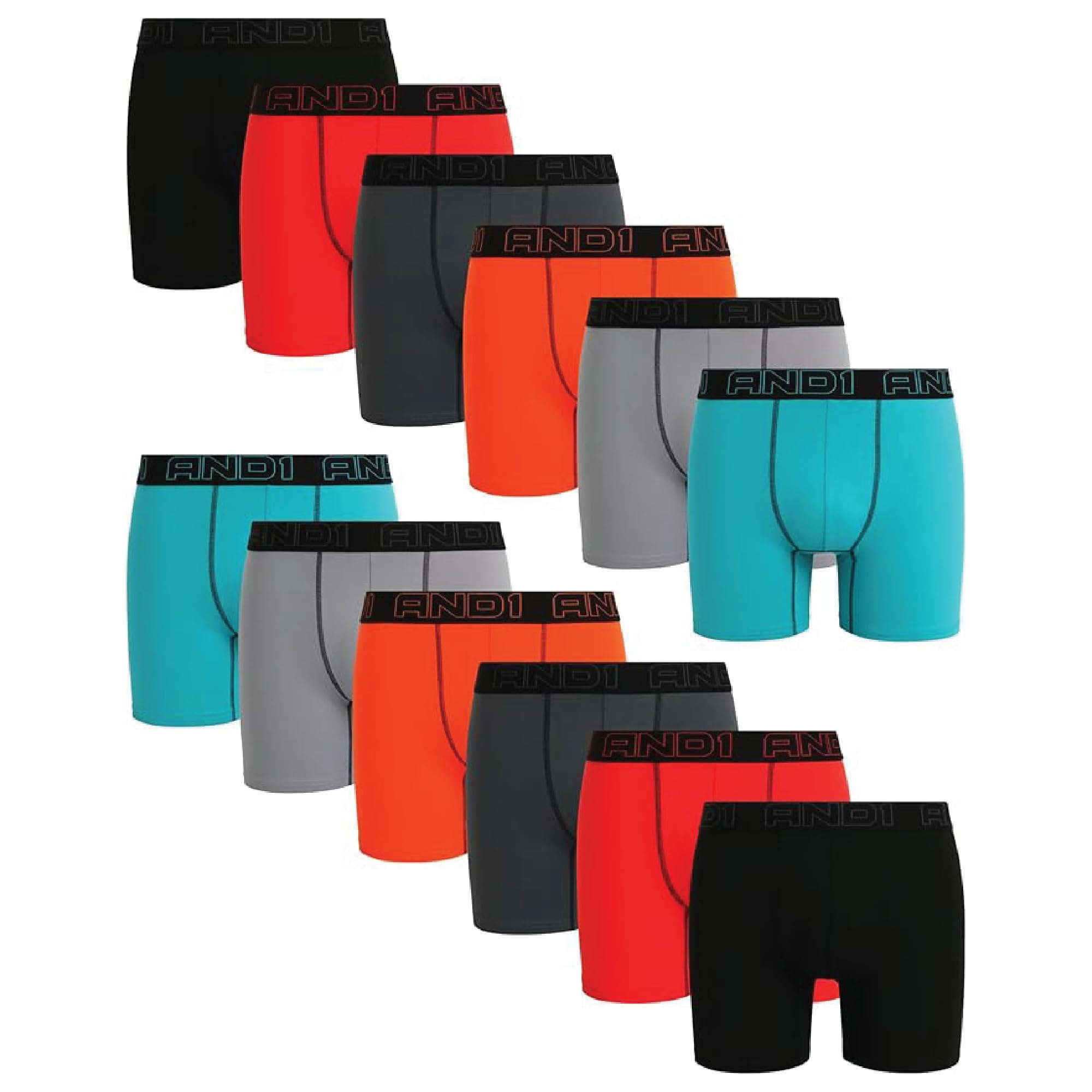 AND1 Mens Boxer Briefs - 12 Pack Sport Soft Performance Compression Underwear Boxers for Men with Contour Pouch