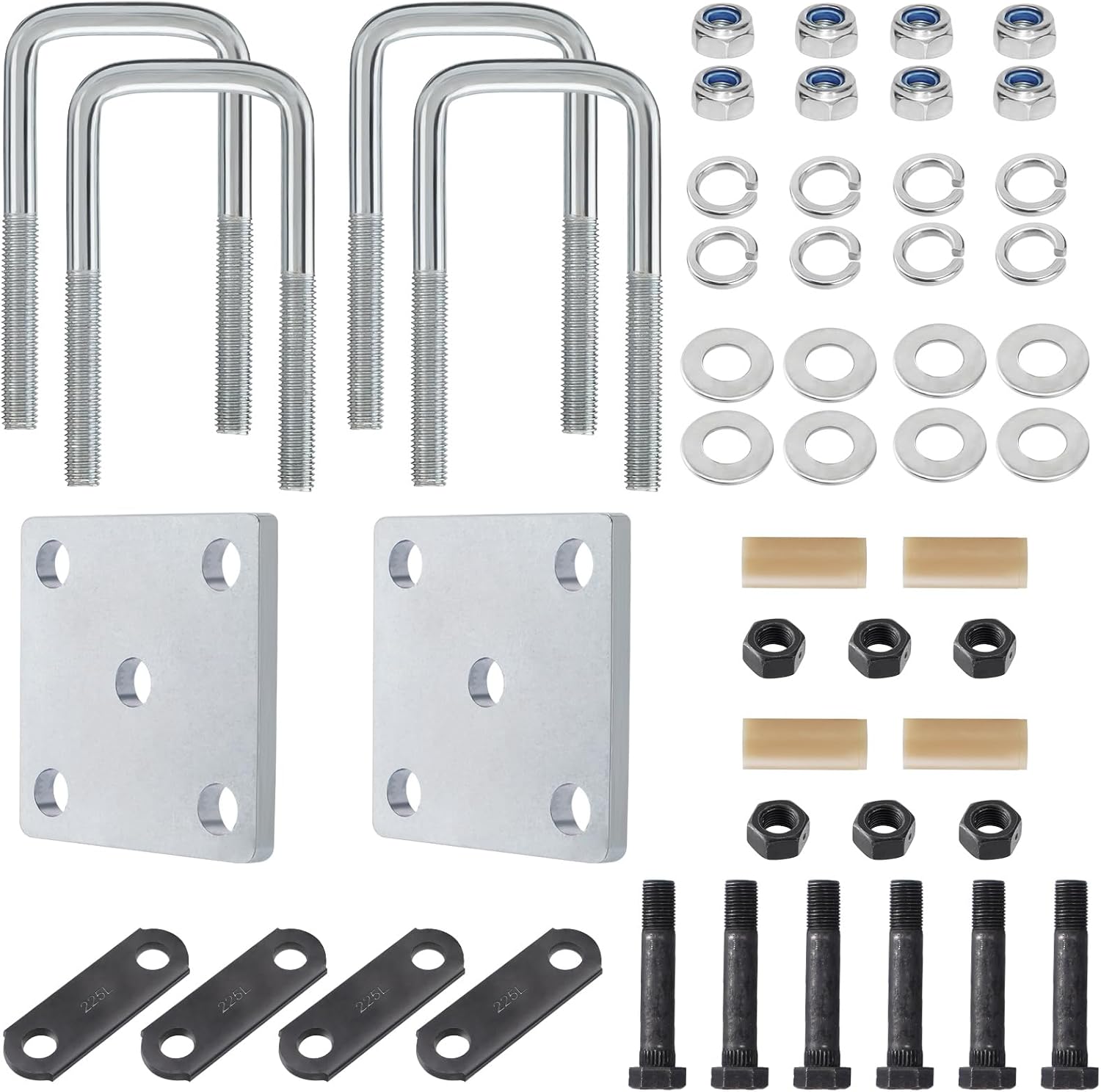 Trailer Suspension Combo Kit - 225 Tandem Axle Shackles (2-1/4" Straps) & Boat Trailer U-Bolts (2x2 Axle - 4 3/4" Long, 3,500-7,200 lbs Capacity, Zinc-Coated) Heavy-Duty for Double Eye Spring