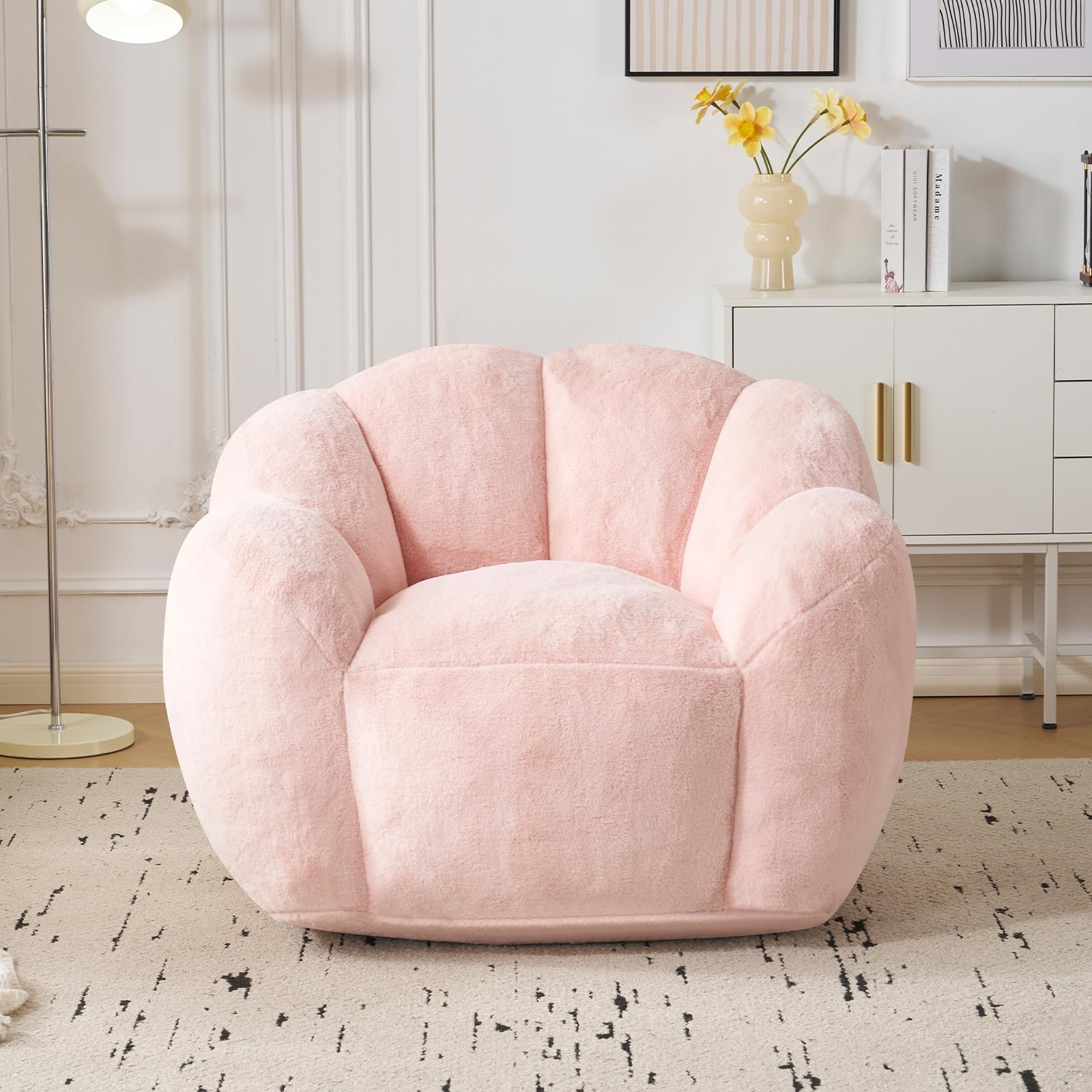 Pouf pour Adulte avec Rembourrage, Pouf en Forme de pétale, Grand Pouf en Fourrure synthétique, Fauteuil de Salon Confortable, Mousse Haute densité, Chambre à Coucher, Salon, Rose