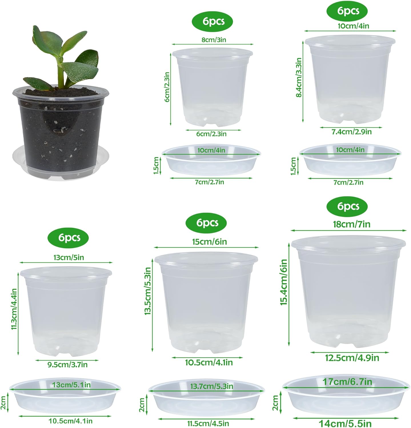 30 Pack 3/4/5/6/7 Inch Clear Nursery Pots with Drainage and 30 Pack Plant Saucers, Plant Pots for Plants Transparent Potting Containers for Plants Seeding Starter Pot (Clear, 3/4/5/6/7 Inch)
