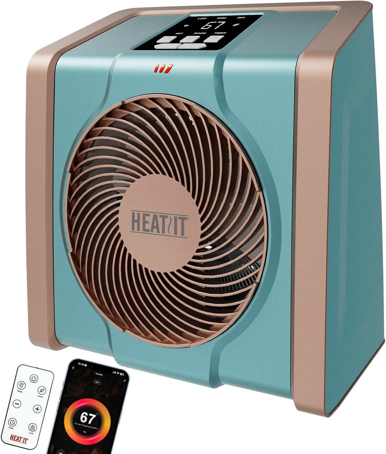 HEATIT Space Heater with Remote for Indoor, Digital Display with Thermostat，1-12H Timer,1500W/750W, Electric Space Heater for Office, Bedroom,Cyan,10.6"Dx7.0"W x 11.8"H