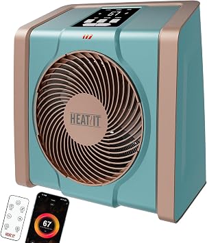 HEATIT Space Heater with Remote for Indoor, Digital Display with Thermostat,1-12H Timer,1500W/750W, Electric Space Heater for Office, Bedroom,Cyan,10.6"Dx7.0"W x 11.8"H