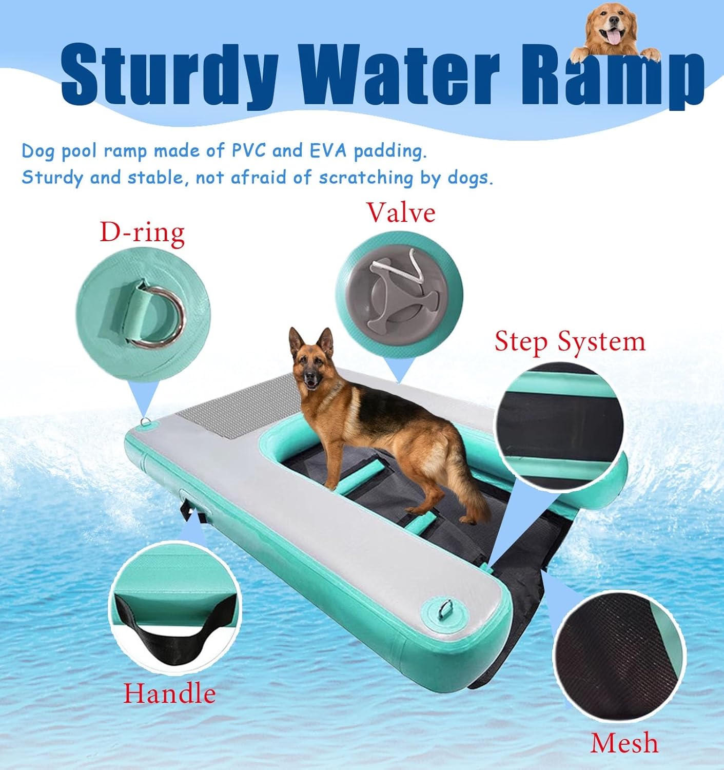 Foldable Inflatable Dog Pool Float Boat Ramp, Dog Dock Platform Floating Water Ramps Kit, Island/Sea/River Safety Dog Steps for Boats