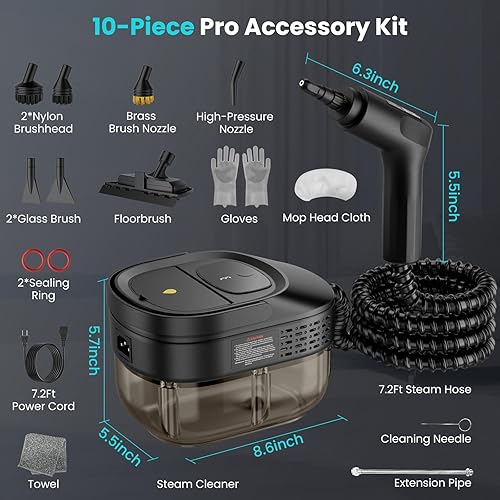 Miniatura 6 de Limpiador de vapor de mano para el hogar, vapor de alta presión de 2500 W, calentamiento rápido de 15 segundos, tanque de 1.6 L, limpiador de vapor