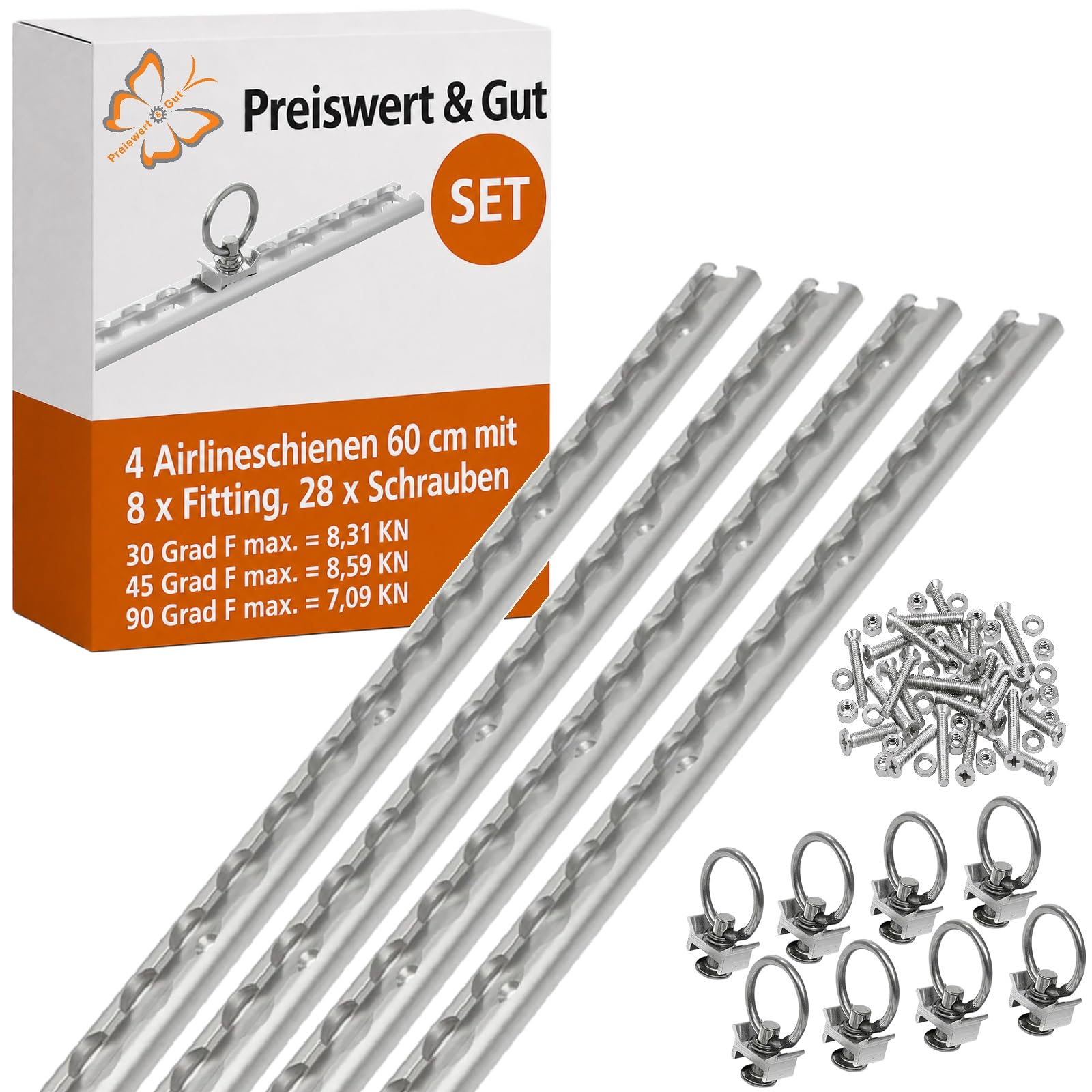 4 STK Airlineschiene 60 cm mit 8 Fittings, Zurrschienen 28 Schrauben | Set inklusive Schrauben, Belastung 8,31 KN bei 30 Grad, 8,59 KN bei 45 Grad Preiswert&Gut