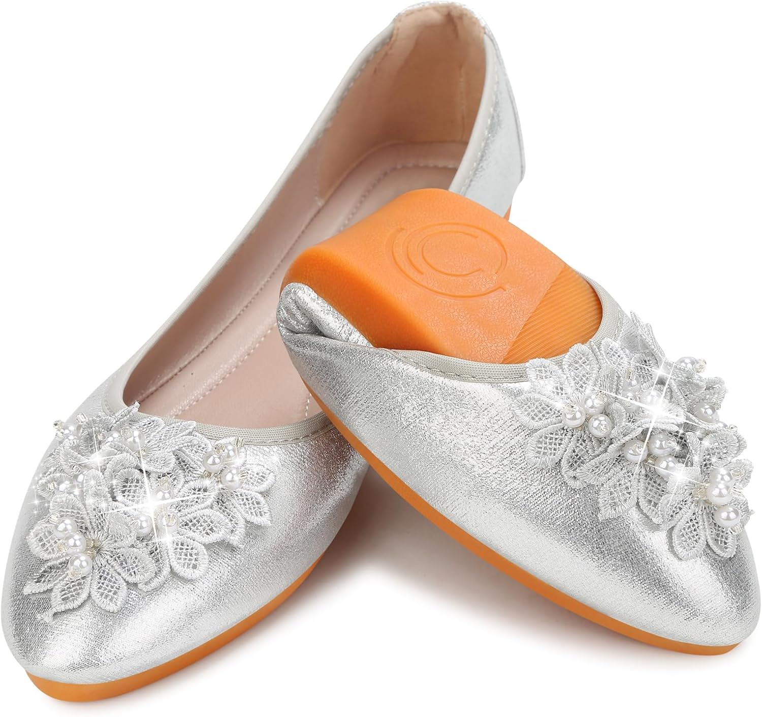 KUNWFNIX Women's Ballet Flats Foldable Classic Crown Rhinestone Slip On Bowknot PU Leather Faux Suede Pointed Toe Comfort Flat Casual Dress Shoes