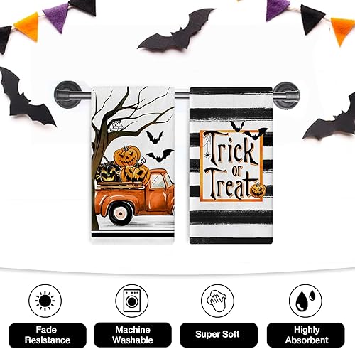 Miniatura 6 de Seliem Juego de 2 paños de cocina con texto en inglés "Halloween I Smell Children" para niños, toallas de mano Sanderson Sisters, escoba de bruja