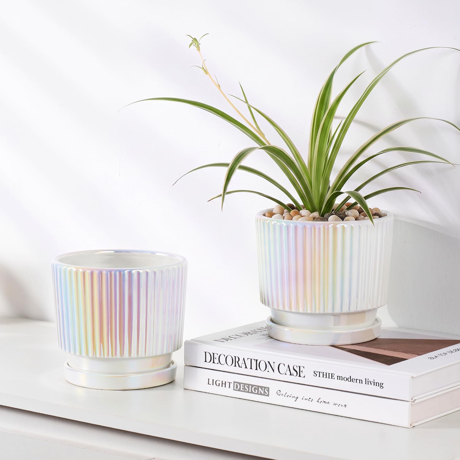 Lot de 2 pots de fleurs en céramique avec trous de drainage et soucoupe