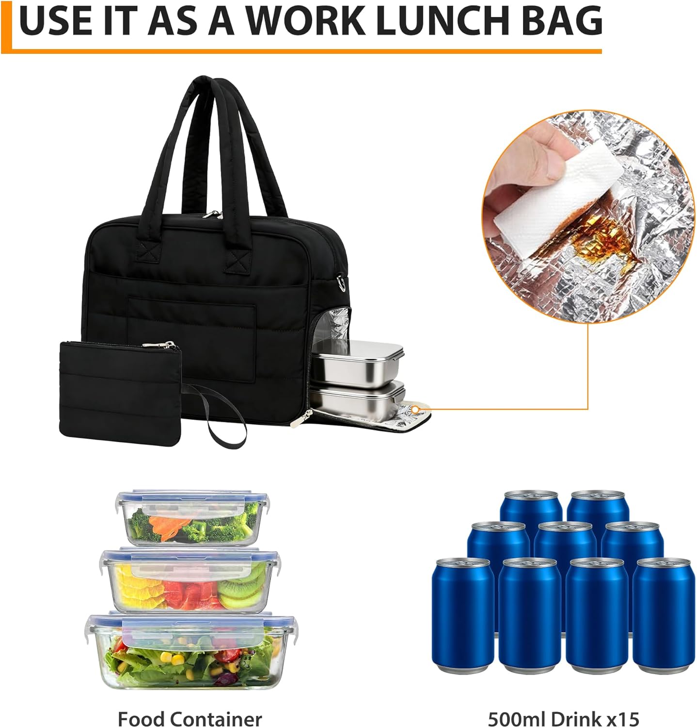 Working Lunch Tote Bag for Women,17.3 in Laptop Bag with Insulated Lunch Compartment & Coin Wallet, Large Quilted Handbag for Office, Commuting, Teacher, Nurse, Black - Image 5