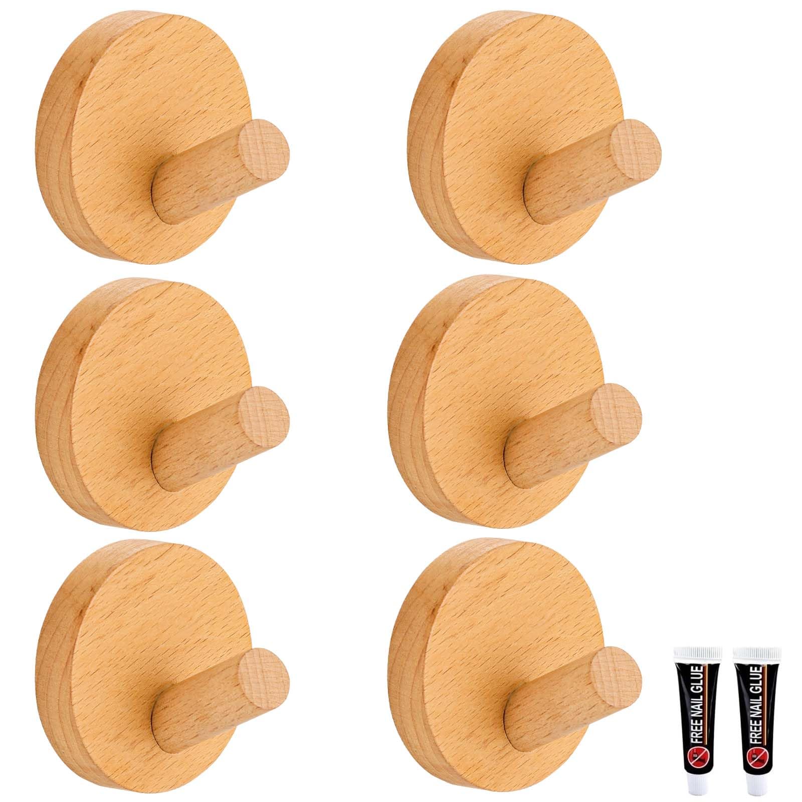 Kexyoan Beech 6 Pack Decorative Vintage Wooden Wall Hook Self-Adhesive Natural Coat Mounted Suitable For Kitchen Door Bathroom Hallway And Corridor(,5.5Cm)