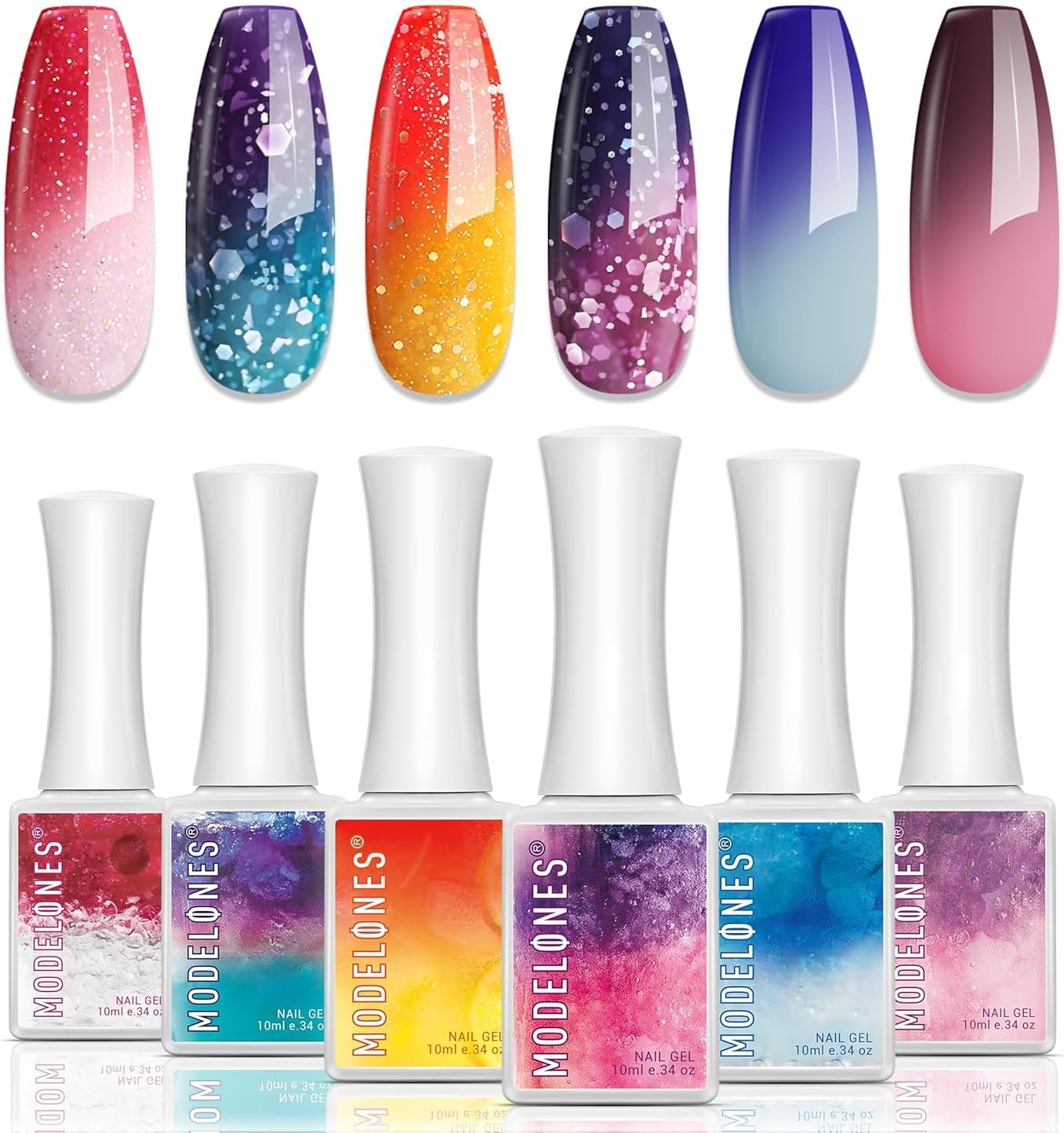 modelonesColor Changing Gel Nail Polish, 6 Colors Summer Pink Blue Purple Orange Neon Mood Temperature Change Gel Polish Set Soak Off DIY Home Nail Art Gift
