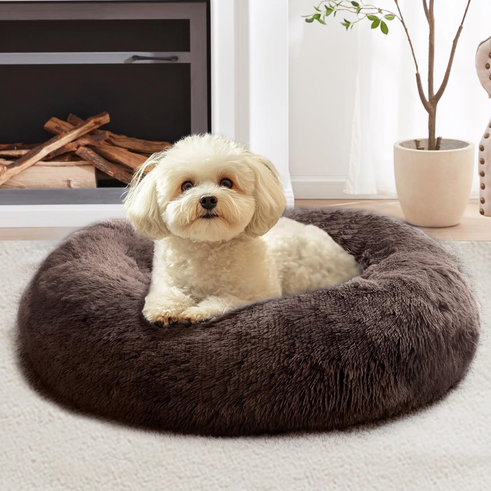 JOLLYVOGUE Calming Dog Bed Medium Size Dog, 31in Donut Washable Medium Pet Bed, Anti-Slip &amp; Anti-Anxiety Fluffy Faux Fur Round Dogs Bed, Fits up to 45 lbs Pets (Chocolate)