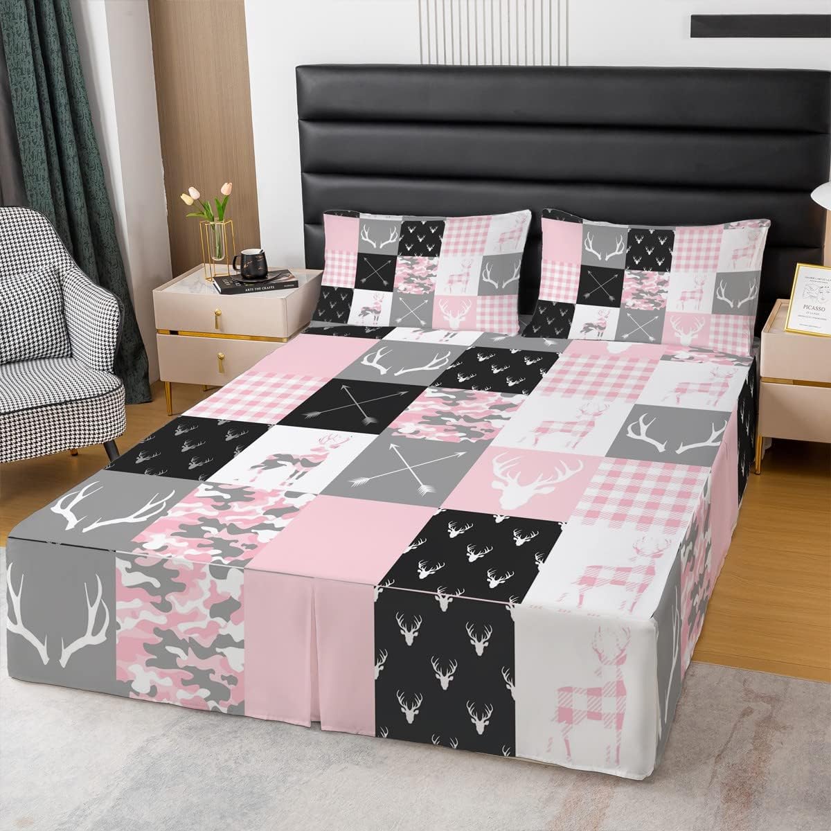 Deer Silhouette Bed Skirt King Size,Camo Western Rustic Farmhouse Xmas Bedskirt 3pcs for Kids Teens Home Room Decor,Antlers Arrow Geometric Bed Wrap Bedding,Pink Sweet Fitted Sheet,2 Pillowcases