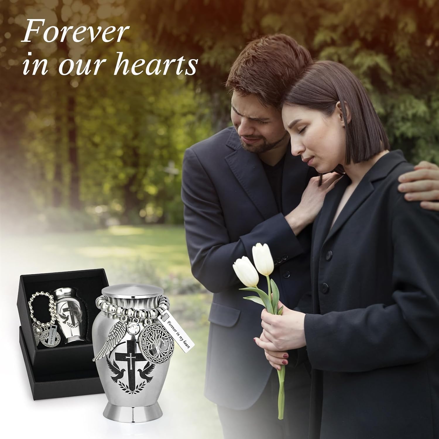 Small Cremation Urns for Human or Pet Ashes, Mini Metal Sharing Keepsake Urn for Adults, Sleek Silver Decorative Funeral Memorial Urn with Engraved Cross, Tree of Life & Angel Wing Charm