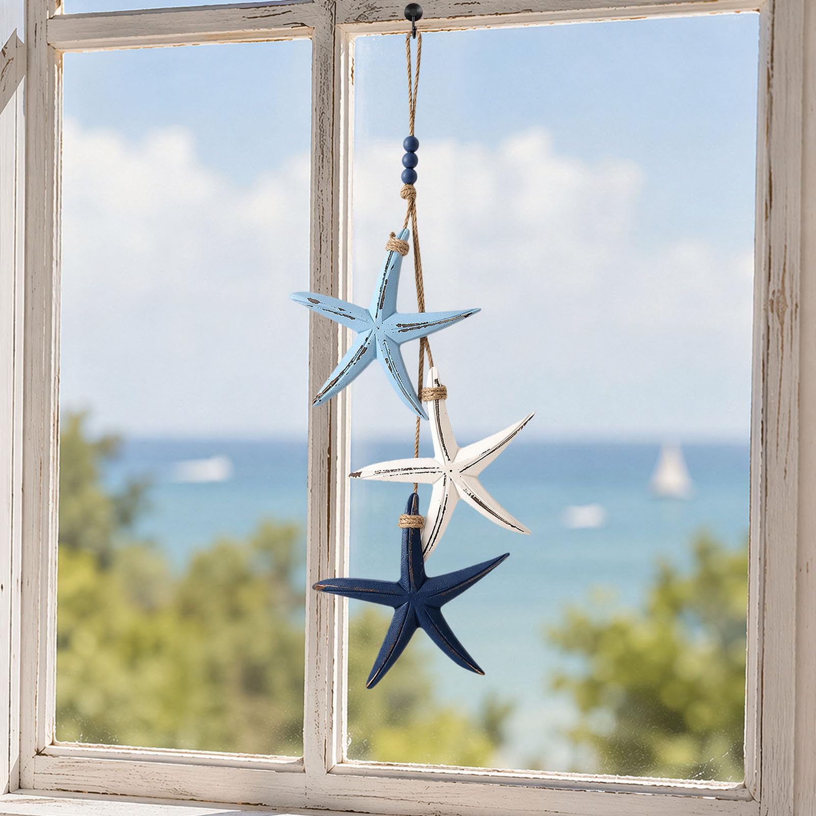 Mediterranean Nautical Wall Hanging Decor, Wooden Starfish and Fish Hanging