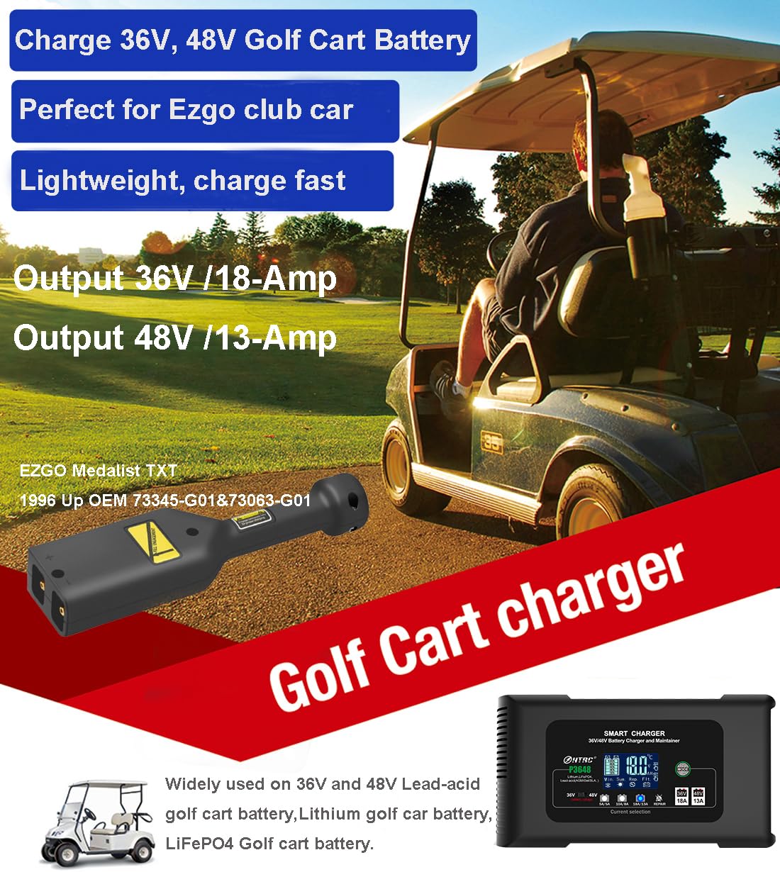 Golf Cart Battery Charger for EZGO TXT/Medalist, 36V/18A and 48V/13A Battery Chargers & PowerWise Charger Plug Golf Cart Accessory for Lithium,LiFePO4,Lead-Acid AGM/Gel/SLA Car Battery Trickle Charger