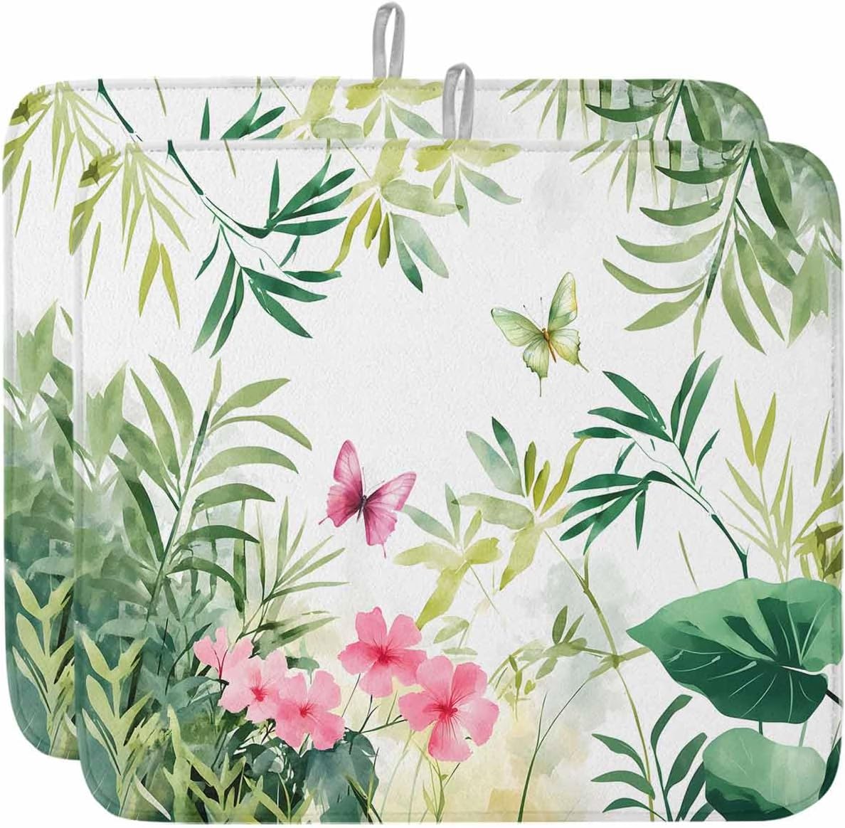 Dish Drying Mat for Kitchen, Pastoral Wildflowers Butterfly Watercolor Absorbent Dish Drying Pad, Kitchen Counter Mat for Dishes Utensils Camping, 16"x18"(2 Pcs)