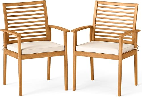Tangkula Sillas de comedor para patio, sillones de madera de acacia al aire libre con cojín acolchado extraíble, respaldo de listones, capacidad de