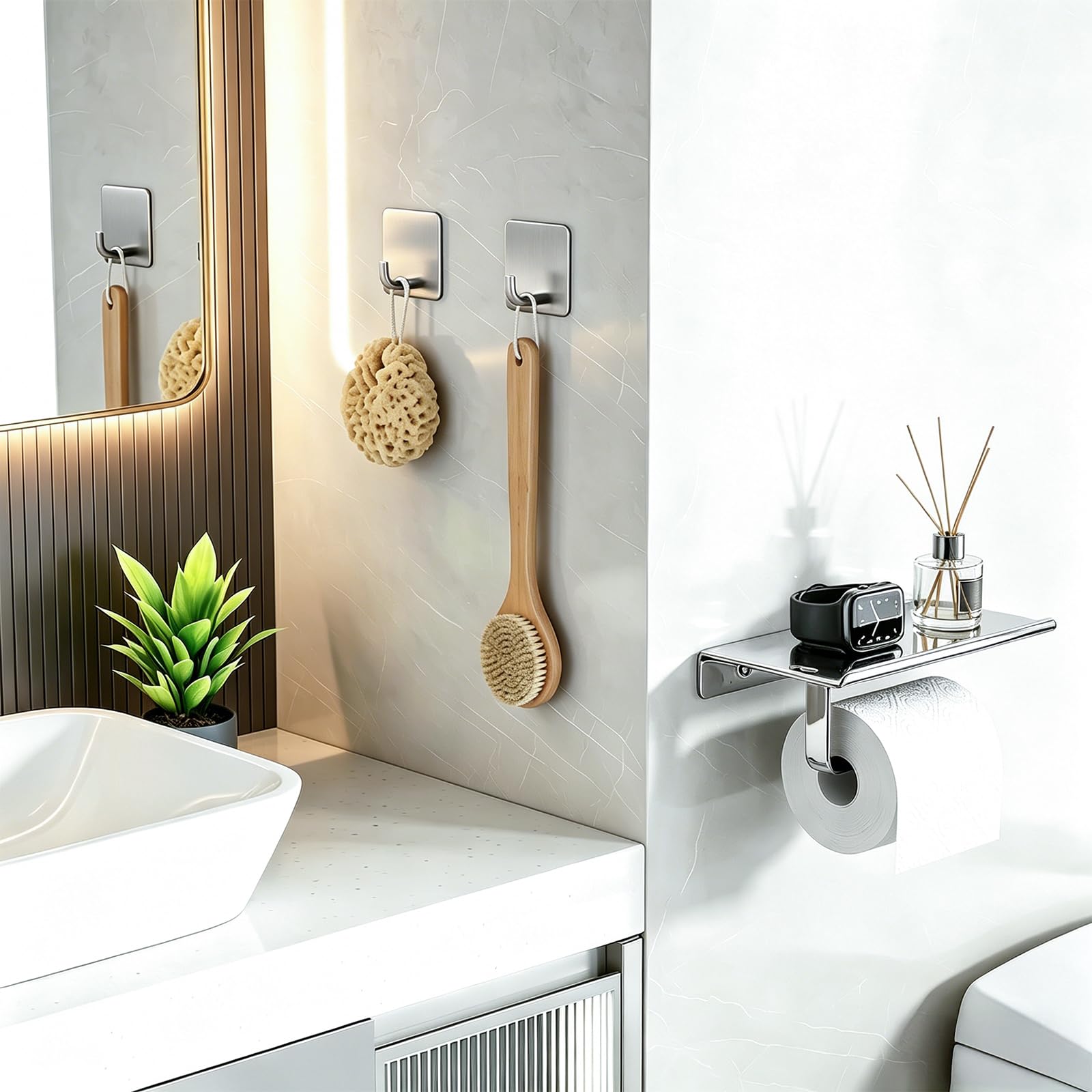 FALSKT Porta Carta Igienica con Porta Cellulare con 2PCS Ganci Adesivi Inox Installazione con Viti Porta Rotolo Carta Igienica da Parete Portarotolo Carta Igienica Argento per Carta WC Cromato