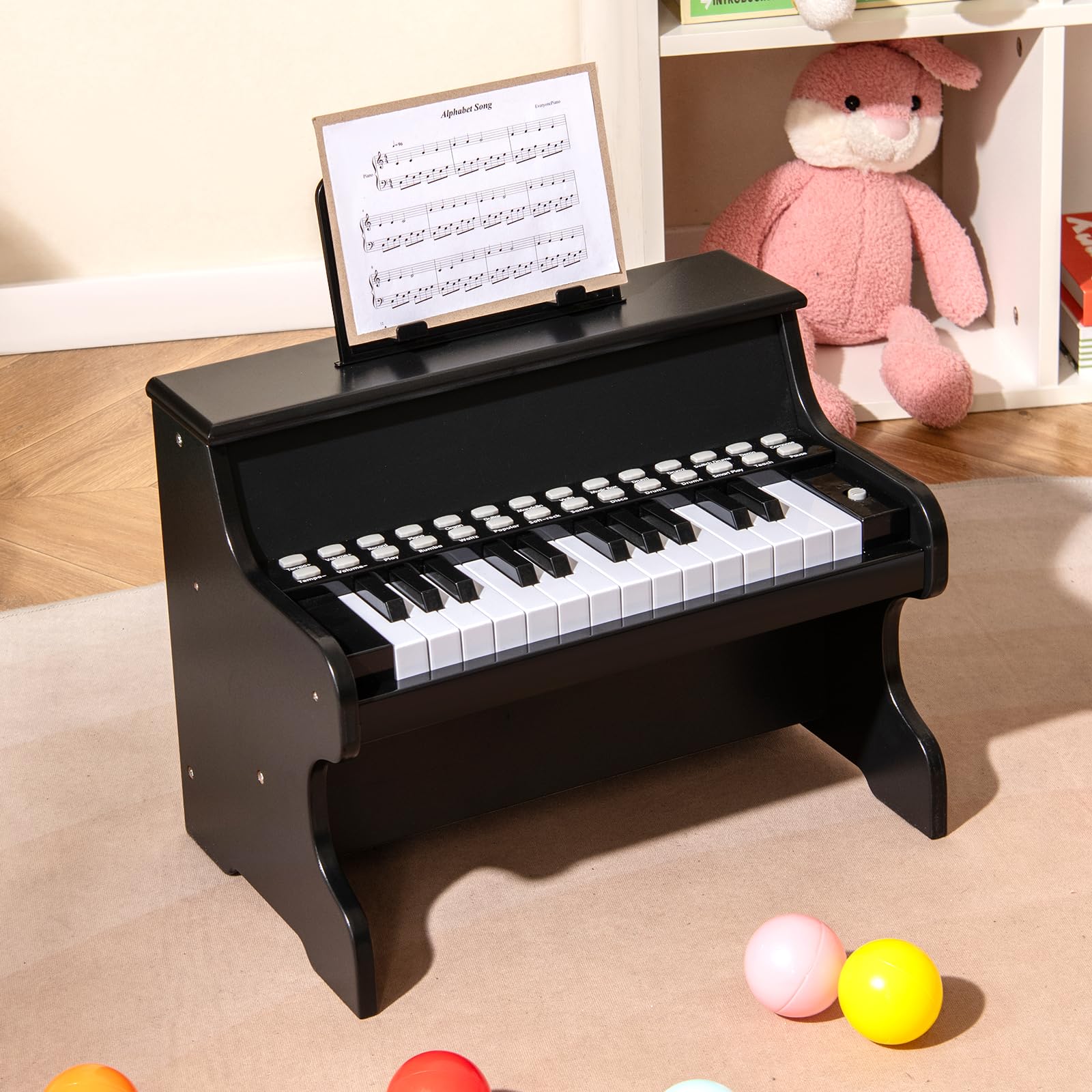 COSTWAY 25 Tasten Keyboard Kinder, Kinderklavier Holz mit Notenständer & Lehrmodus, Kinderpiano mit Einstellbarer Geschwindigkeit & Lautstärke, Mini Klaviertastatur für Kinder ab 3 Jahren (Schwarz)