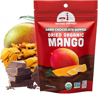 Mavuno Harvest Organic Chocolate Covered Mango - Organic Dried Mango Dipped in Dark Chocolate - Non GMO, Fair Trade, No Preservatives & Vegan Chocolate Treats - Healthy Chocolate Snacks - 1 lb Bag