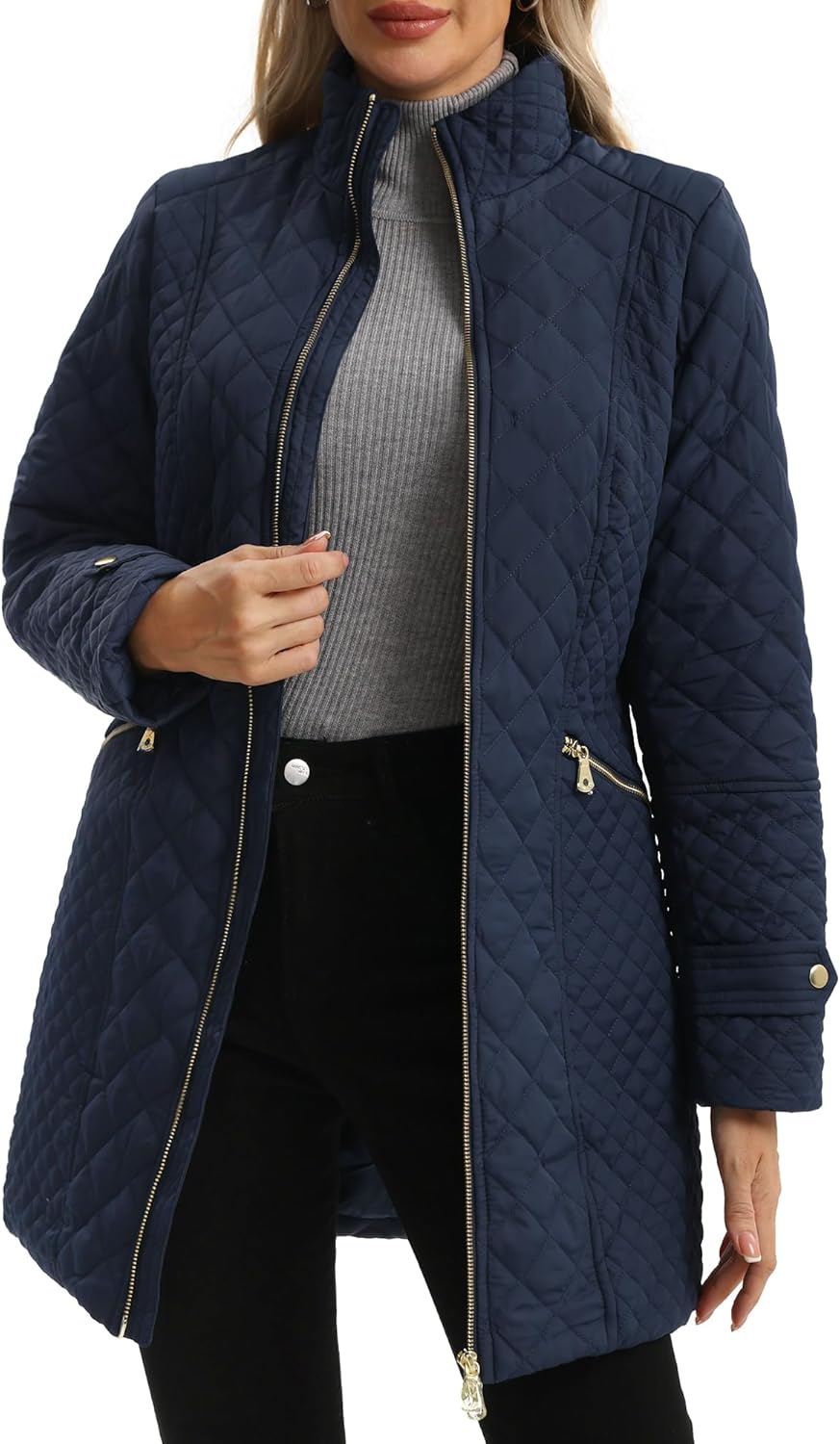 Women's Plus Size Long Quilted Jackets Diamond Quilted Lightweight Jacket Stand Collar for Spring Fall - Image 2