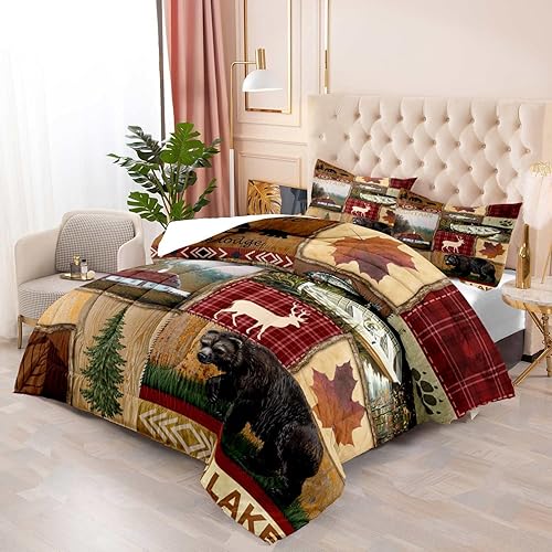 Miniatura 3 de LUVIVIHOME Juego de edredón de cabaña de 3 piezas, tamaño Queen, oso, peces, ciervos, alces, bosque, animales, caza, pesca, búfalo rojo, retazos,