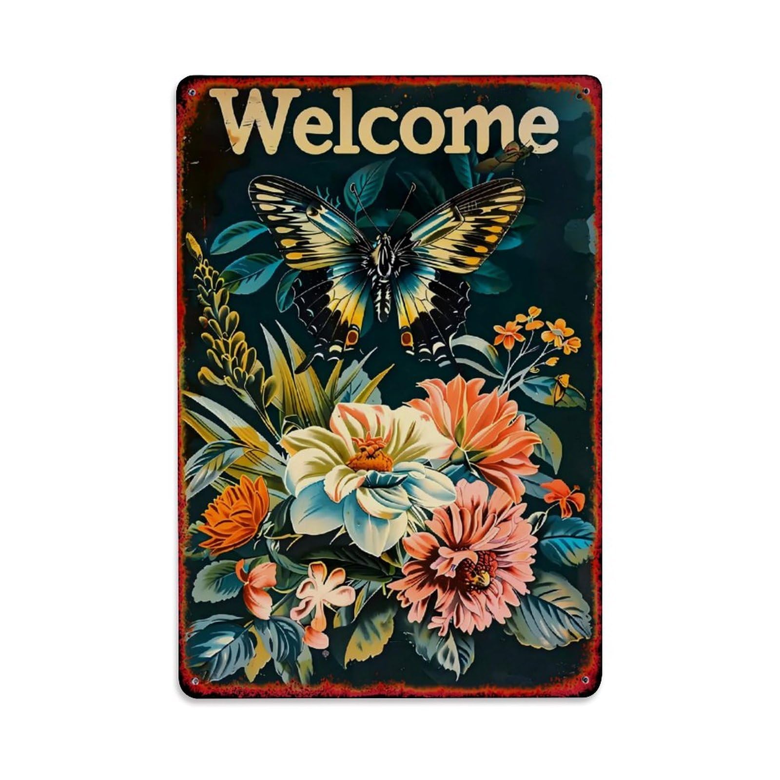 Jdfenggu Vintage Welcome Butterfly Floral Sign Retro Metal Tin Sign, Metal Poster For Bar, Home, Man Cave, Kitchen, Laundry Room Art Decor 8X12 Inch