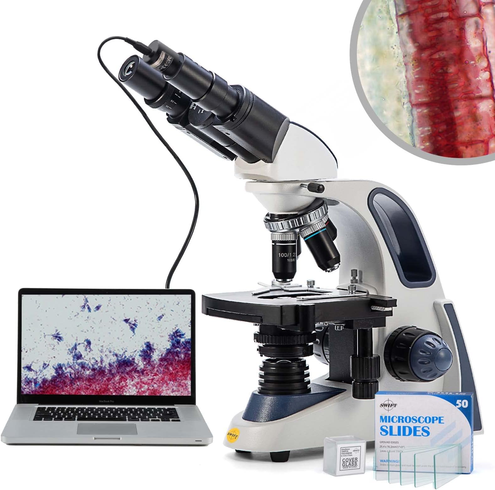 SW380B 40X-2500X Magnification, Research-Grade Binocular Compound Lab Microscope, Mechanical Stage, with 5.0 mp Camera and Software Windows/Mac Compatible and 100pcs Blank Slides