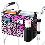 Rhino Valley Walker Bag, Multi Pockets Folding Walker Basket Tote Bag with Cup Holder, Hand-free Carry Pouch Storage Bag for Universal Walkers,Large Capacity Organizer for Seniors Elderly,Pink Leopard