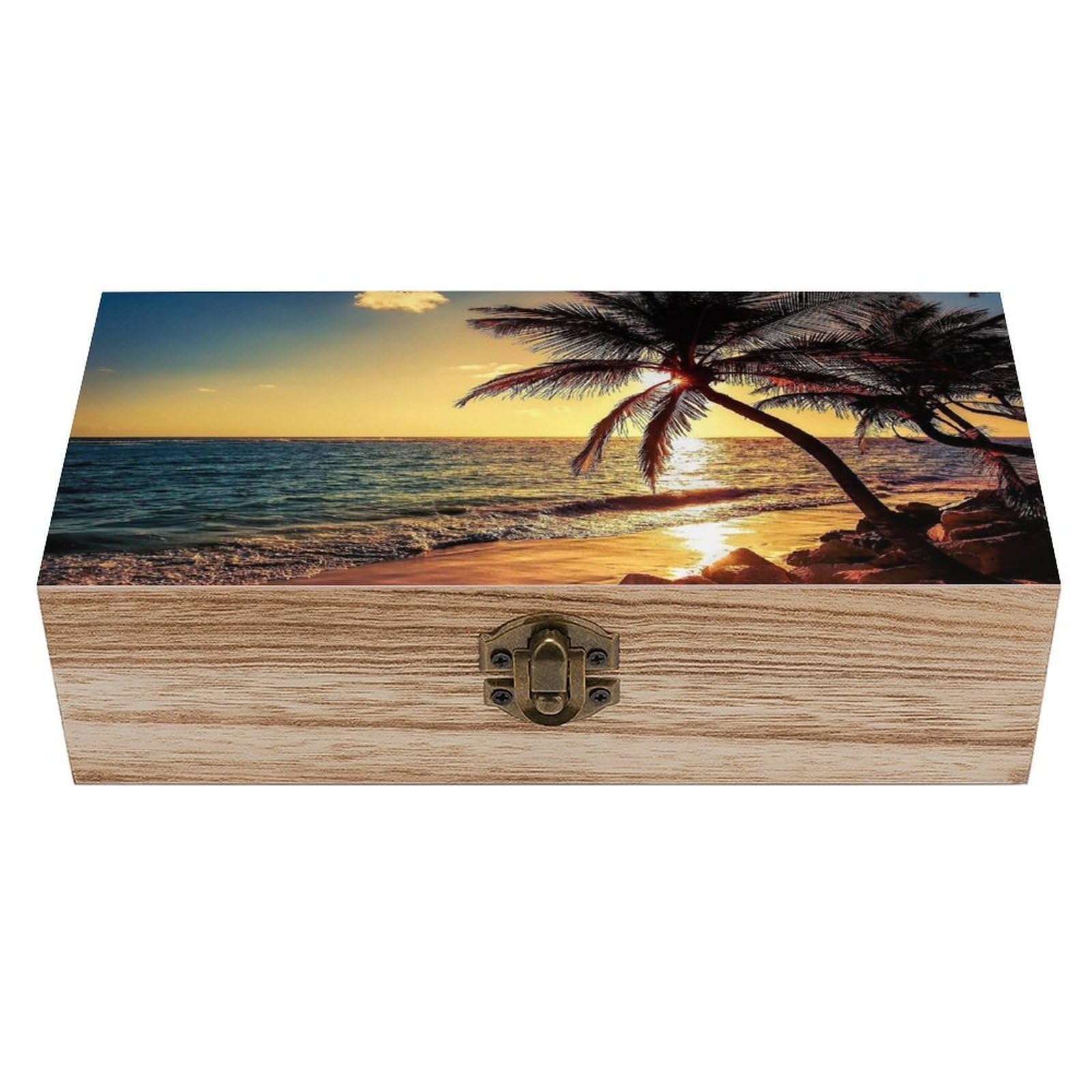 asbwuo Night Beach View Wood Keepsake Box Wooden Box with Hinged Lid