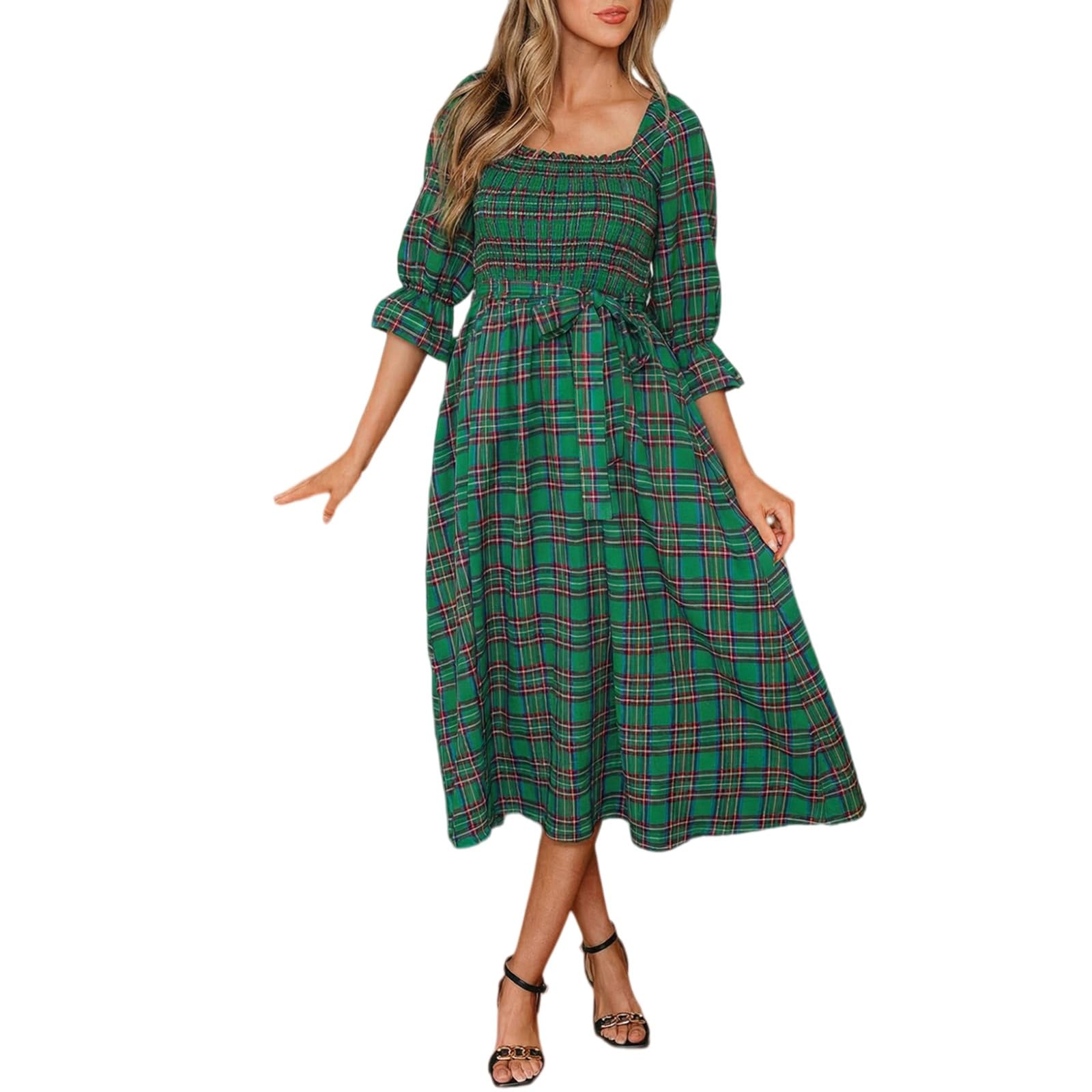 Robe midi Femme à Encolure carrée, smockée Ceinture Coupe trapèze et Poches | Robe midi trapèze à carreaux rouges, encolure carrée, smocks, ceinture à nouer poches latérales, manches bouffantes à volants