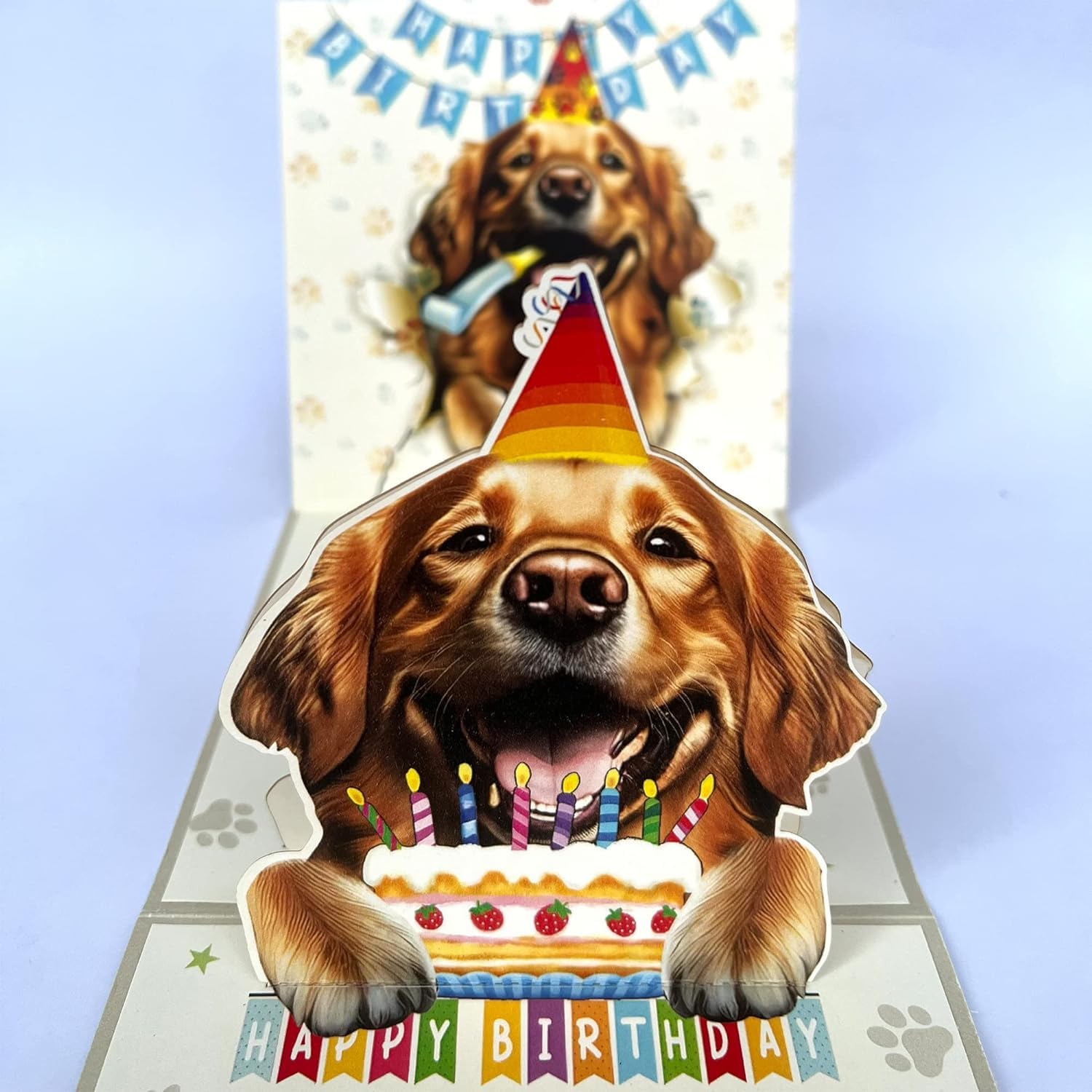 Momapopup 3D Pop-Up Golden Retriever Birthday Card - Golden Retriever with Cake, Whimsical Happy Birthday Greeting for Dog Lovers
