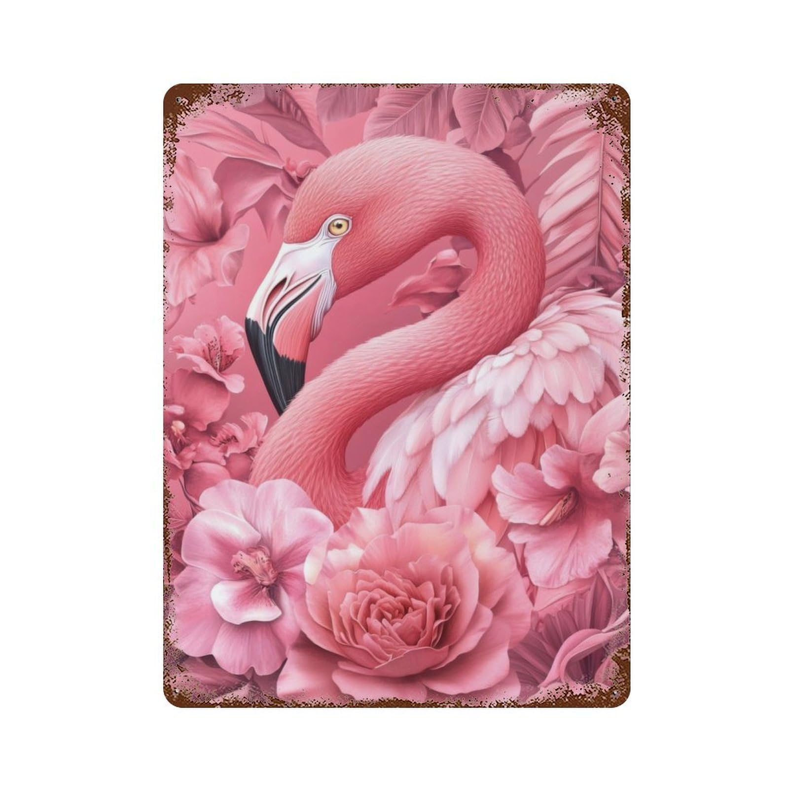 Weathered Tin Sign with Pink Flamingo in Bloom Design 15.7"x11.8", for Garage, Bar And Workshop Decor, Decorative Metal Wall Art