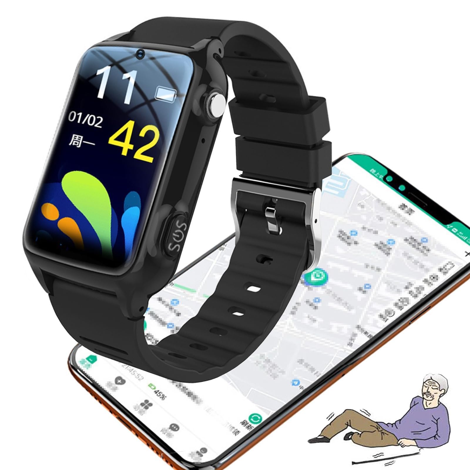 Smartwatch Z Czujnikiem Upadku Dla Osób Starszych, 1,6-Calowy, Wodoodporny Zegarek Gps Z Funkcją Sos I Połączeniami Wideo HD,Dla Osób Z Demencją I Chorobą Alzheimera Black