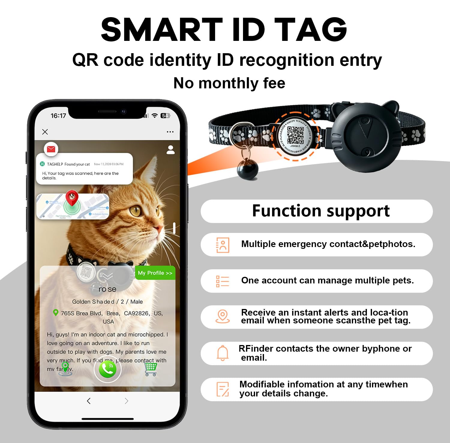 Collier de suivi GPS intelligent pour chat avec code QR - Localisateur étanche pour petits et grands chats - Compatible avec Apple Find My - Pas de frais mensuels - Solution de suivi avancée
