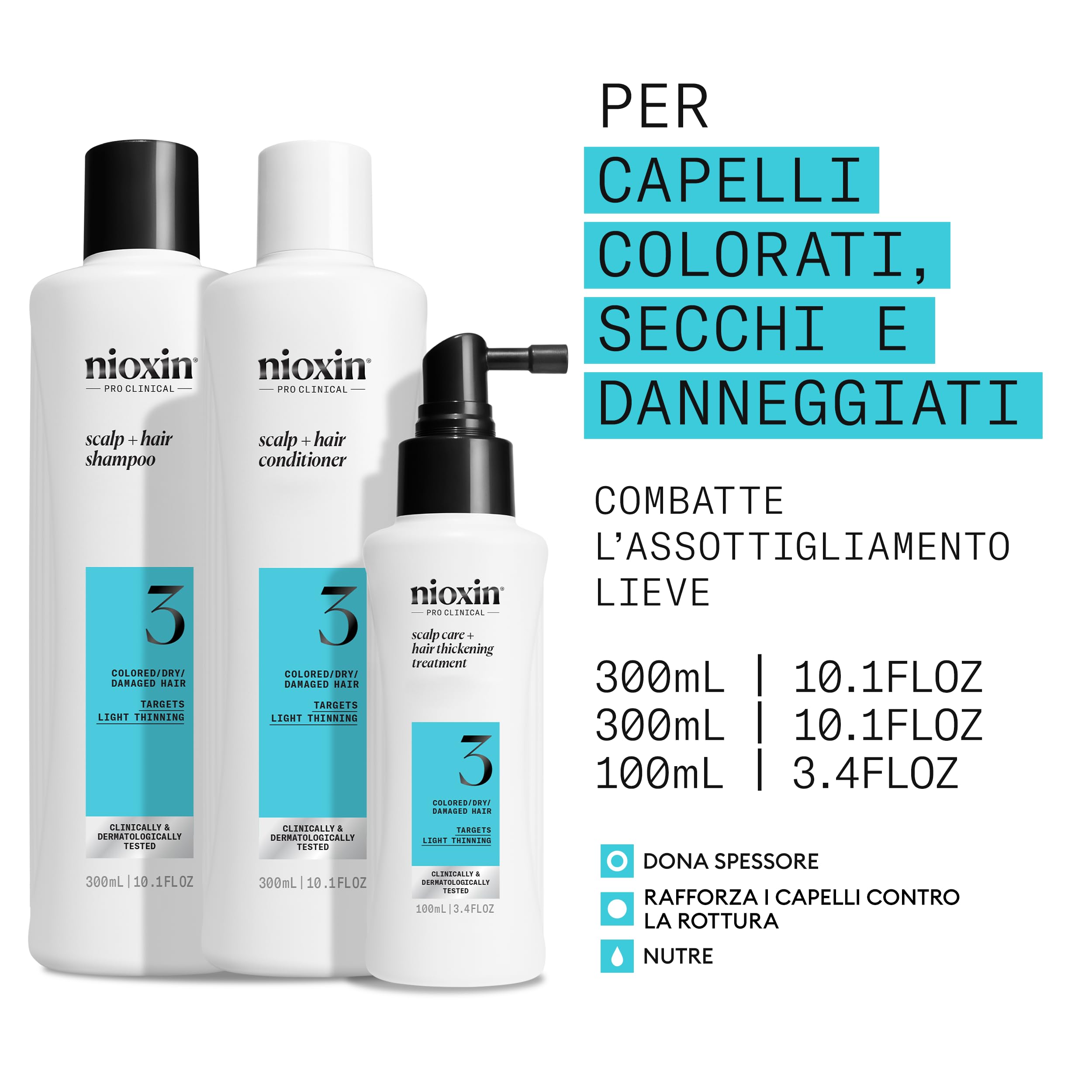 Nioxin Scalp + Hair Thickening Sistema 3 - per Capelli Colorati o Secchi con Assottigliamento Lieve - Shampoo, Balsamo, Trattamento per la Cute