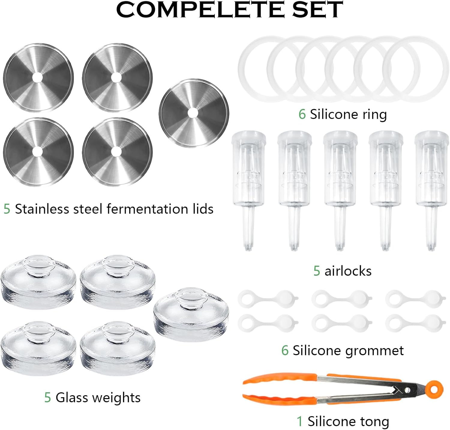 Artcome 28 Pcs Fermentation Kit-5 Stainless Steel Fermentation Lids, 5 Glass Weights, 5 Airlocks, 6 Silicone Rings, 6 Silicone Grommet, 1 Silicone Tong for Wide Mouth Mason Jar(Jars Not Included) - Image 2