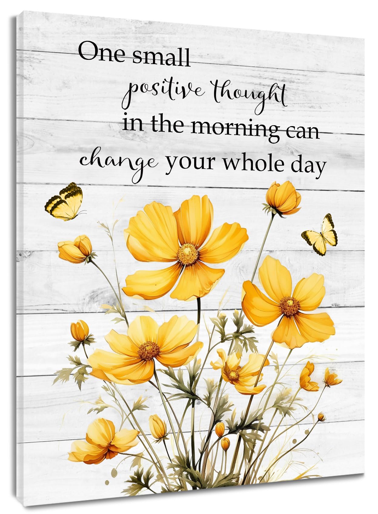 HVESTYellow Wildflower Canvas Wall Art for Living Room Flower Green Leaf and Butterfly Inspirational Quotes on Rustic Wood Paintings Wall Decor Nature Wall Art for Bedroom Home Decor,16L X 12W inches