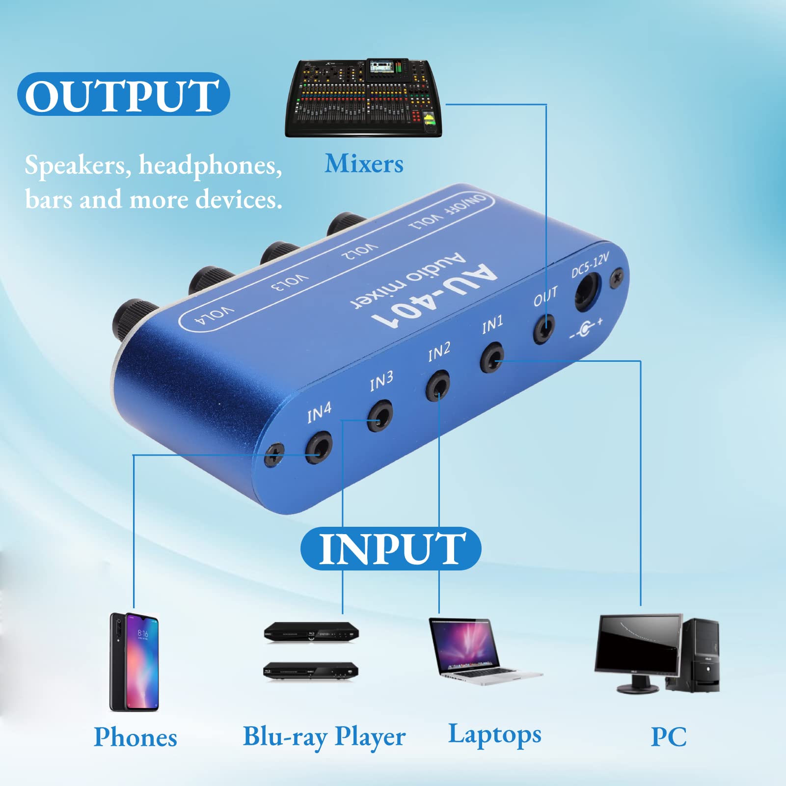 Mezclador Estéreo 4 en 1 Mini de Audio Con Salida de 3,5 Mm, Ajuste de Volumen y Submezclador de Escenario para PC, Teléfono Móvil, Computadora Portátil
