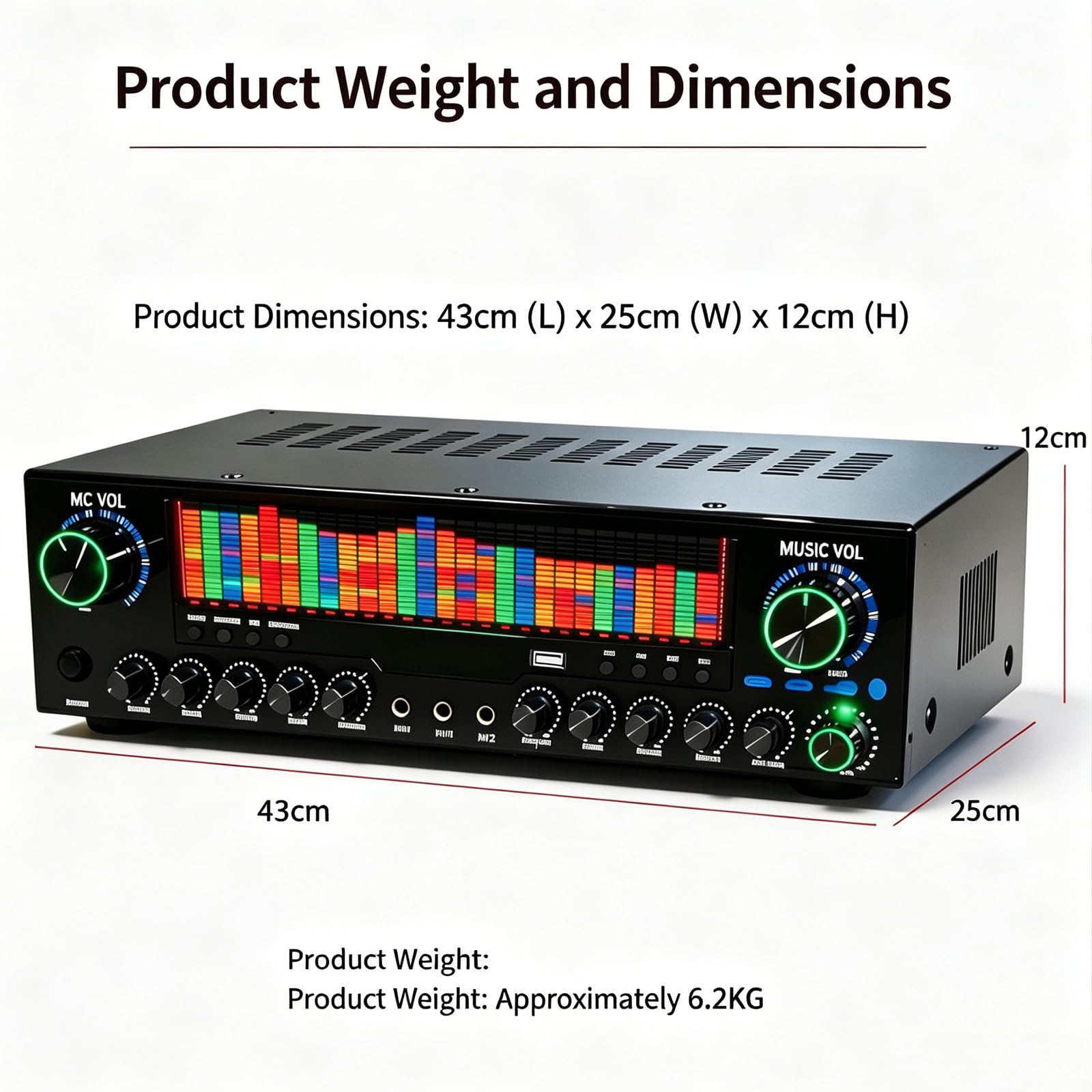 Wzmacniacz Audio Bluetooth 5.1 z korektorem graficznym, dynamicznym kolorowym wyświetlaczem LED, wejściem USB i mikrofonem, idealny do domu, karaoke i scenariusza.