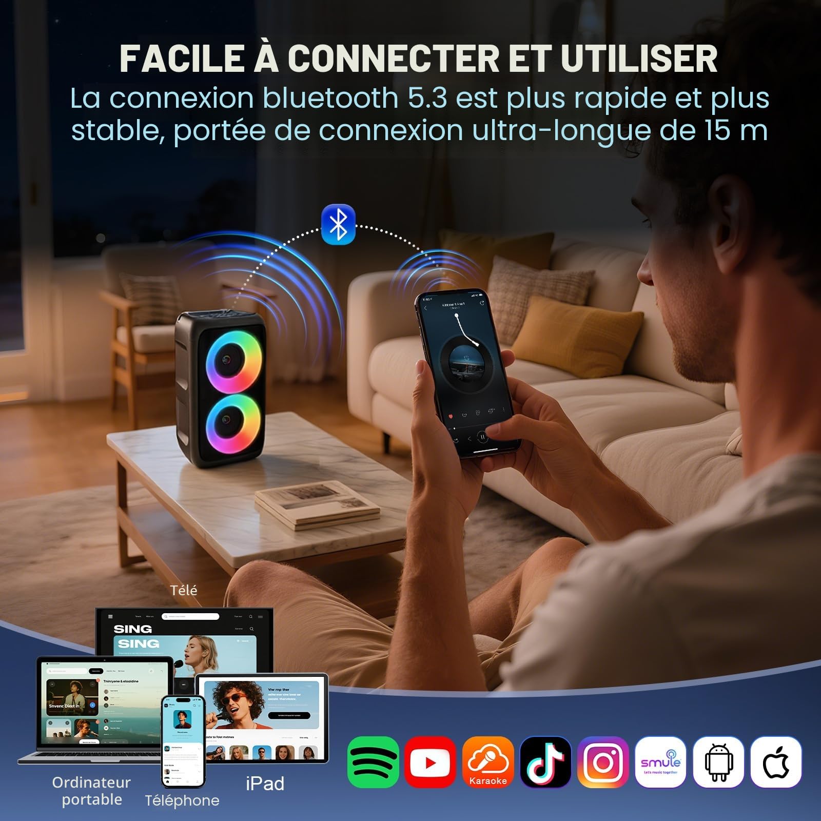 Karaoke Adulte, (Nouveauté 2026) Haut-Parleur Bluetooth Portable Karaoke pour Adultes avec 2 Microphones sans Fil, Système PA pour Adultes et Enfants avec Lumières, Adulte Professionnel