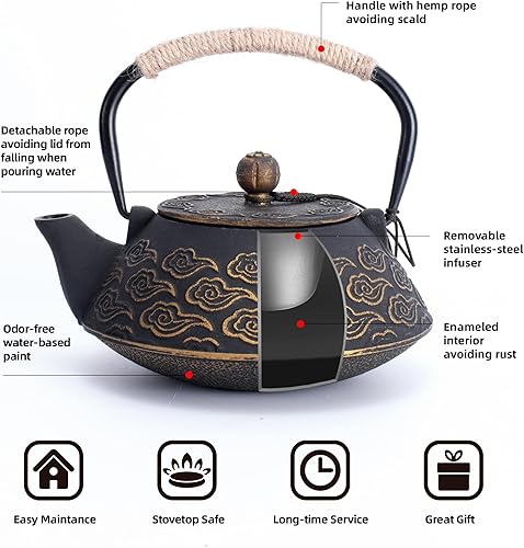 Miniatura 4 de MILVBUSISS Tetera de hierro fundido, tetera japonesa con infusor para hojas sueltas, hervidor de té, cubierta segura con interior esmaltado, patrón