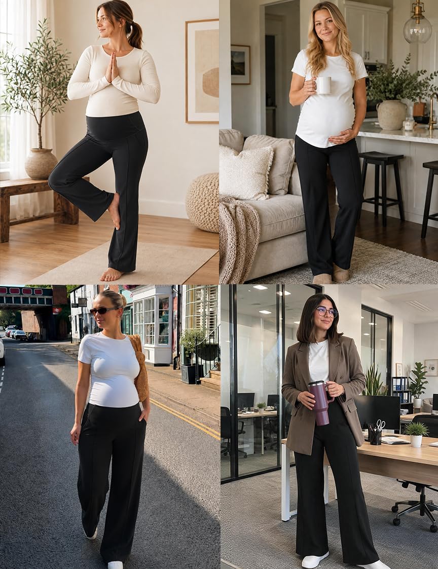 Mama Land Maternity Work Dress Pants, Stretchy Wide Leg with Pockets image 2