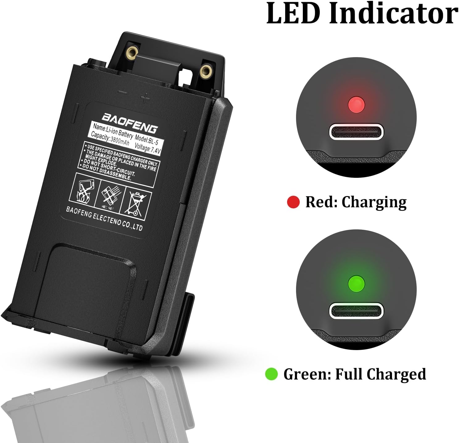 2 Pack UV-5R Battery Larger Capacity Type-c Charger 3800mAh Battery Rechargable BL-5 for Two Way Radio BF-F8HP UV-5RE RD-5R Ham Radio UV-5RTP UV-5X3 Accessories