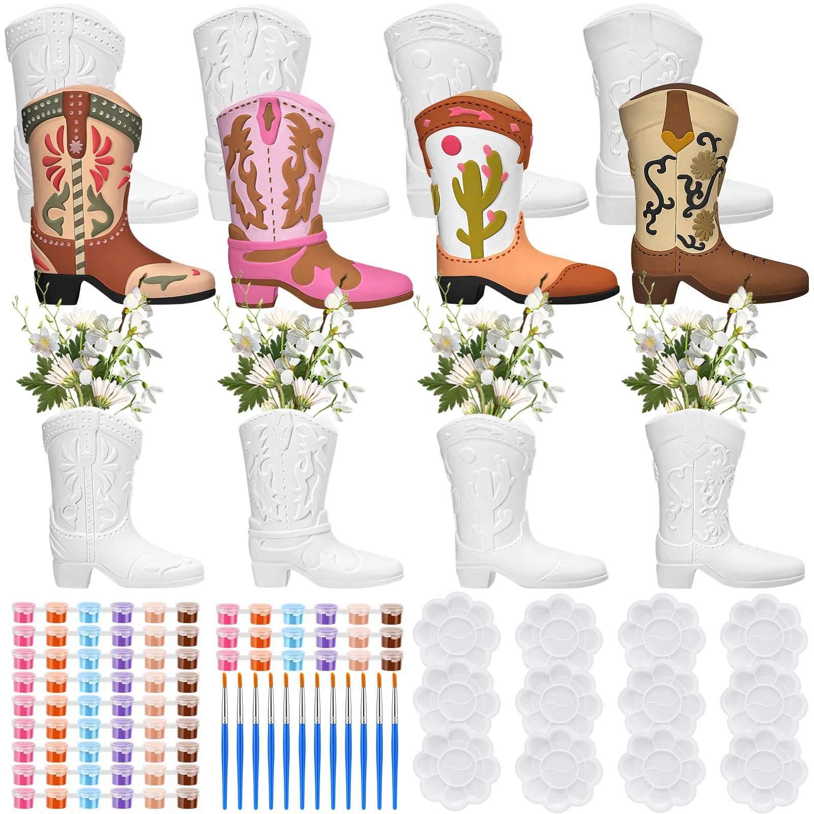 Affrolling 12 Set Cowboy Plaster Boot Vases Ceramics to Paint Ready to Paint DIY Unpainted Plaster Paintable Kit Contains Four Different Styles of Vases with Brush Palette for Adults